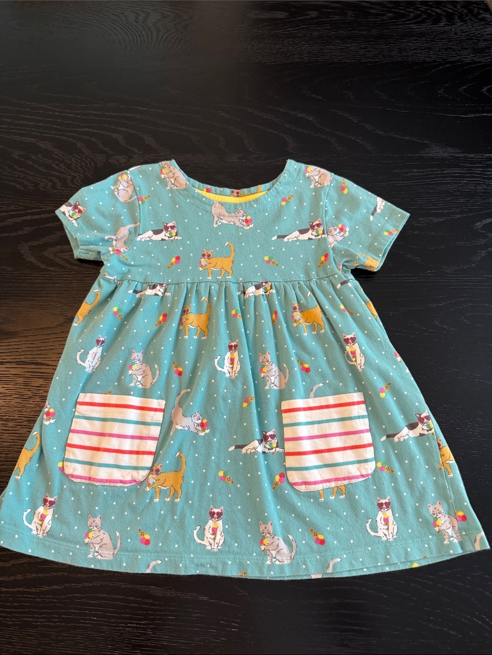 Mini Boden Teal Cat Print Tunic Shirt with Striped Pockets